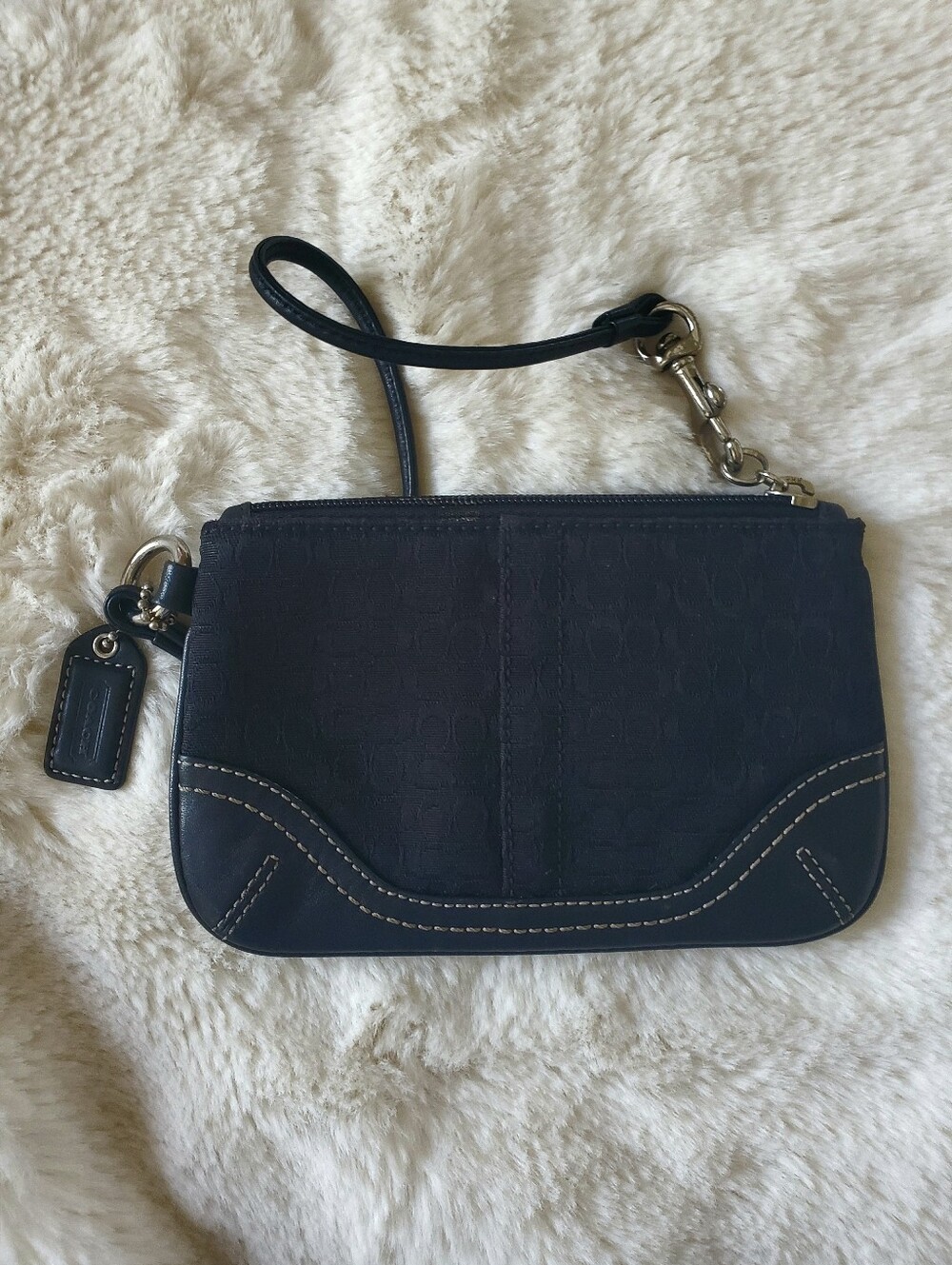 Coach Black Signature Wristlet with Leather Trim